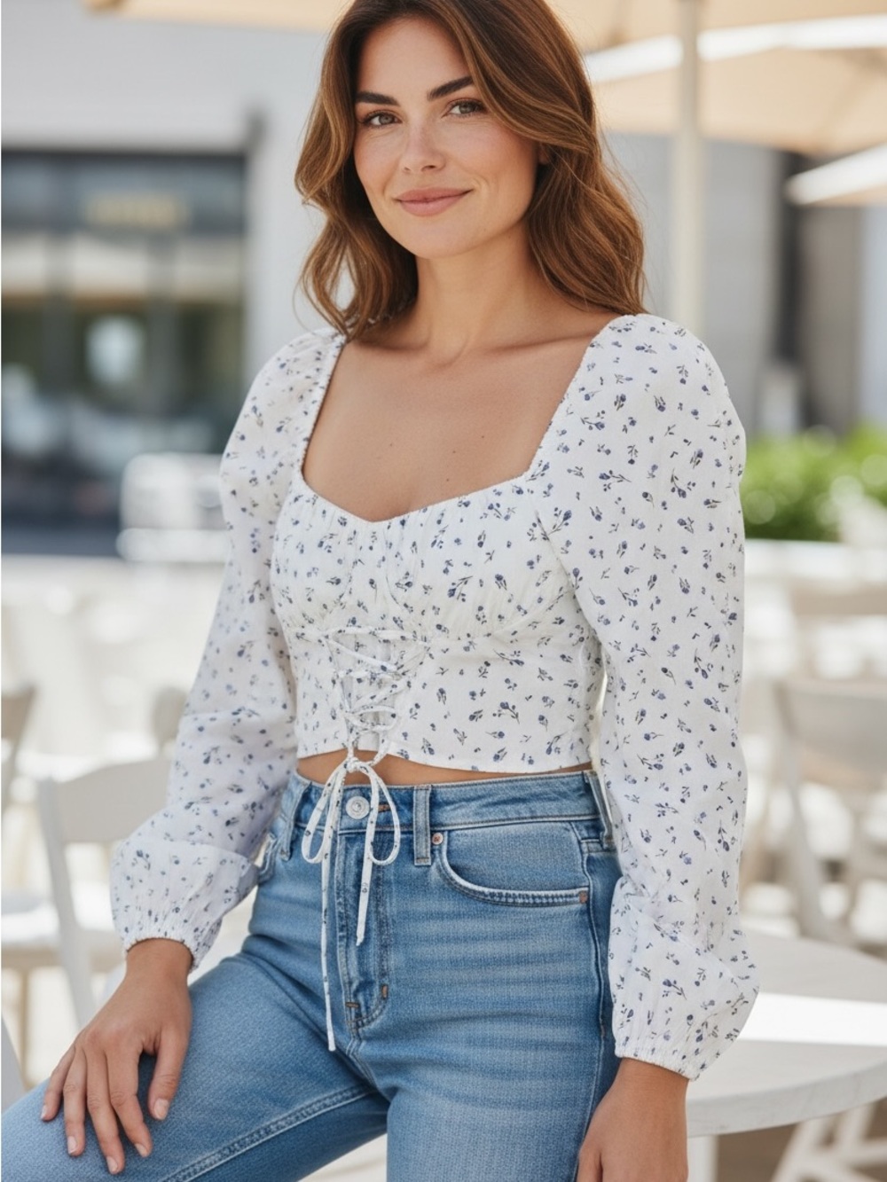 H&M  boho Smocked Lace-Up Crop Top - White with Blue Floral sizer medium